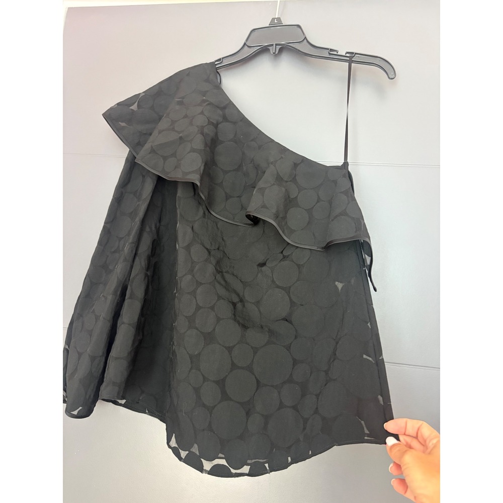 Diane von Furstenberg DVF Black Burnout Polka Dot One Shoulder Ruffle Blouse P